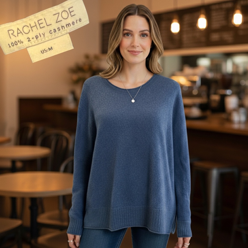 RACHEL ZOE Women's 100% 2-Ply Cashmere Sweater Blue Crewneck Medium Mended - Picture 1 of 11